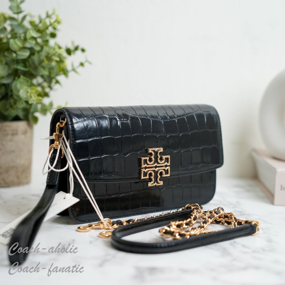 Tory Burch Britten Chain Wallet Crossbody in Croc-embossed Leather Black NWT